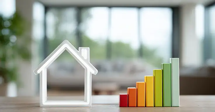 Energieeffizienzskala neben einem Hausmodell
